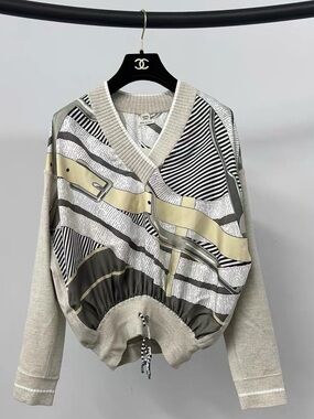 Authentic Hermes Beige and Black Patterned V-Neck Sweater